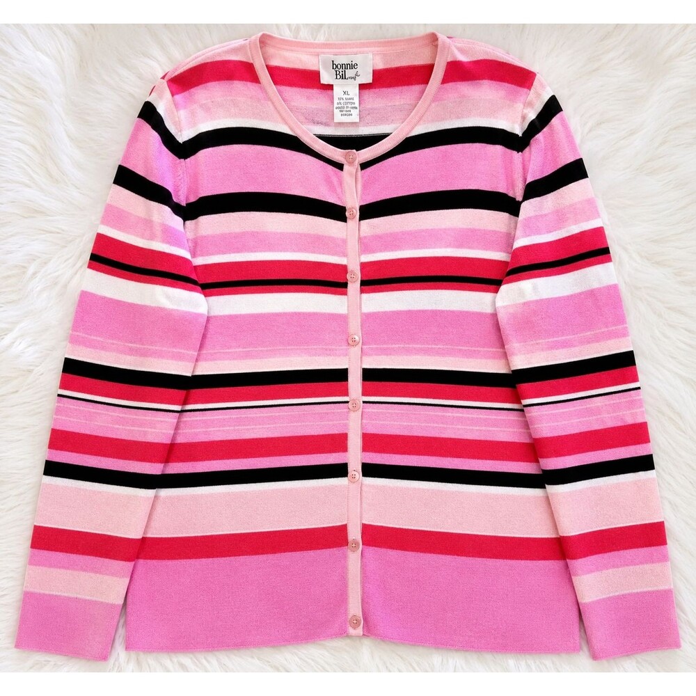 Pink Striped Cardigan Bonnie Bill Button Front Y2K Preppy Sweater Womens XL